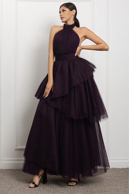 Vestido Largo Tul halter Falda Capas Uva PREVENTA