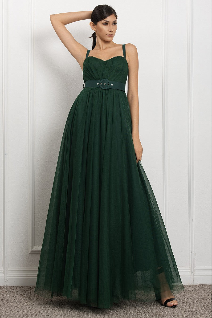 Vestido de Tul verde esmeralda con Cinturón Elegante