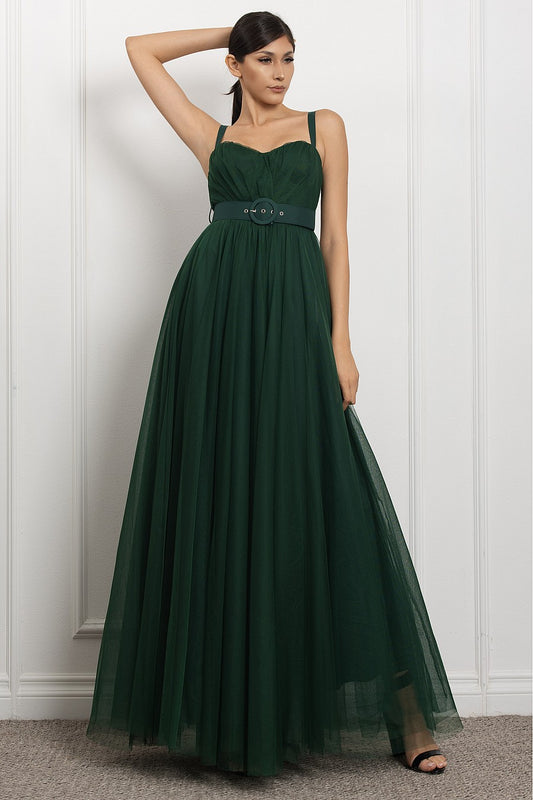 Vestido de Tul verde esmeralda con Cinturón Elegante