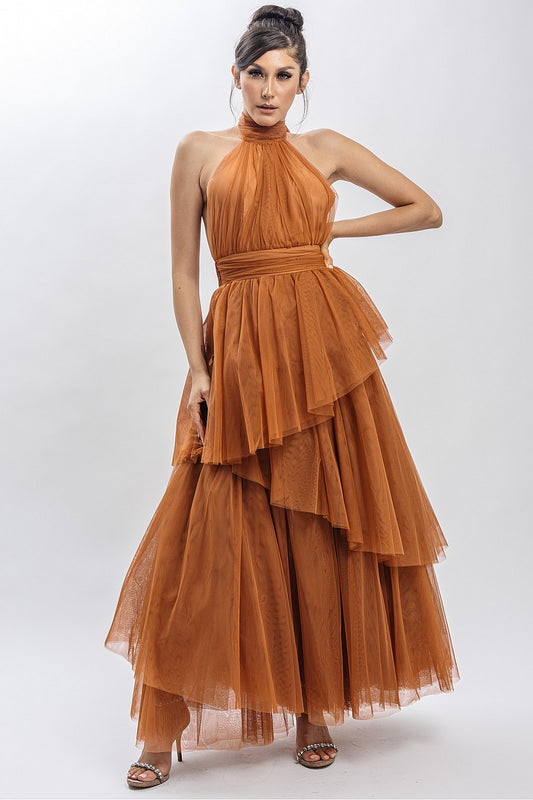 Vestido Largo Tul halter Falda Capas camel