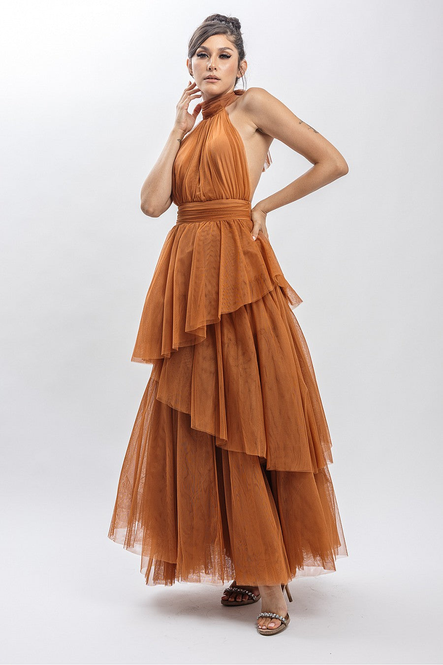 Vestido Largo Tul halter Falda Capas camel