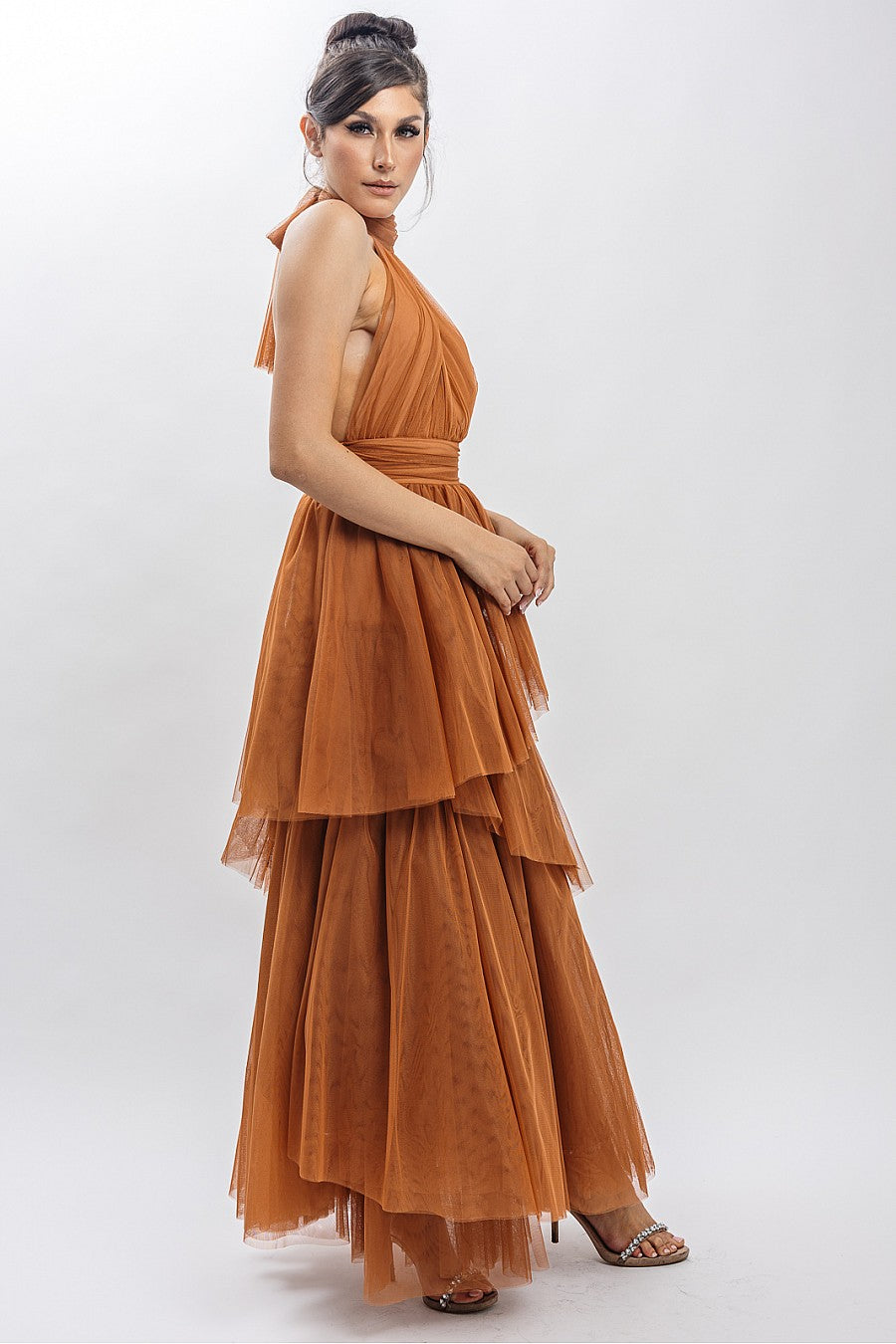Vestido Largo Tul halter Falda Capas camel