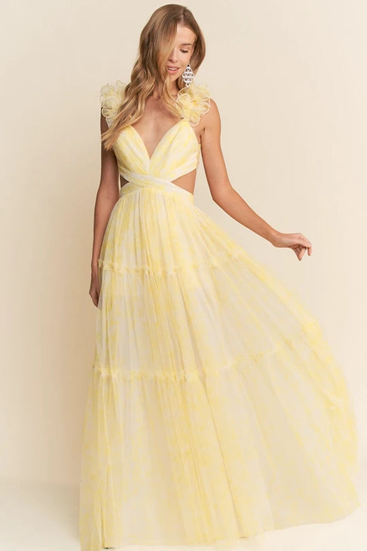 Vestido Largo En A de Tul Cut Off con Olanes tirante Amarillo