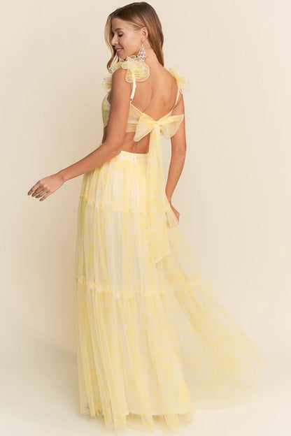 Vestido Largo En A de Tul Cut Off con Olanes tirante Amarillo