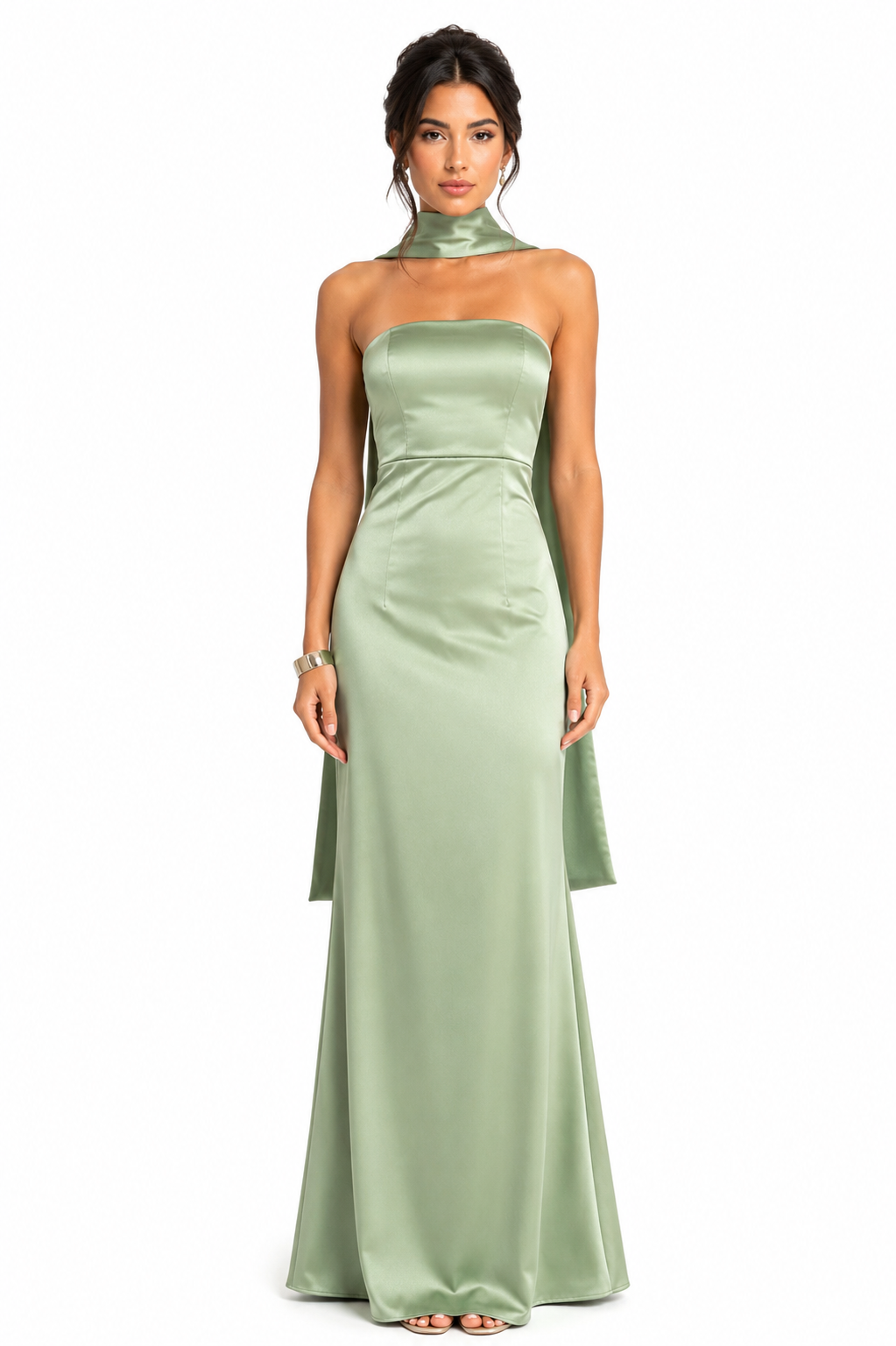 Pink Shop by MAF Vestido largo strapless de satín con bufanda sage, portada