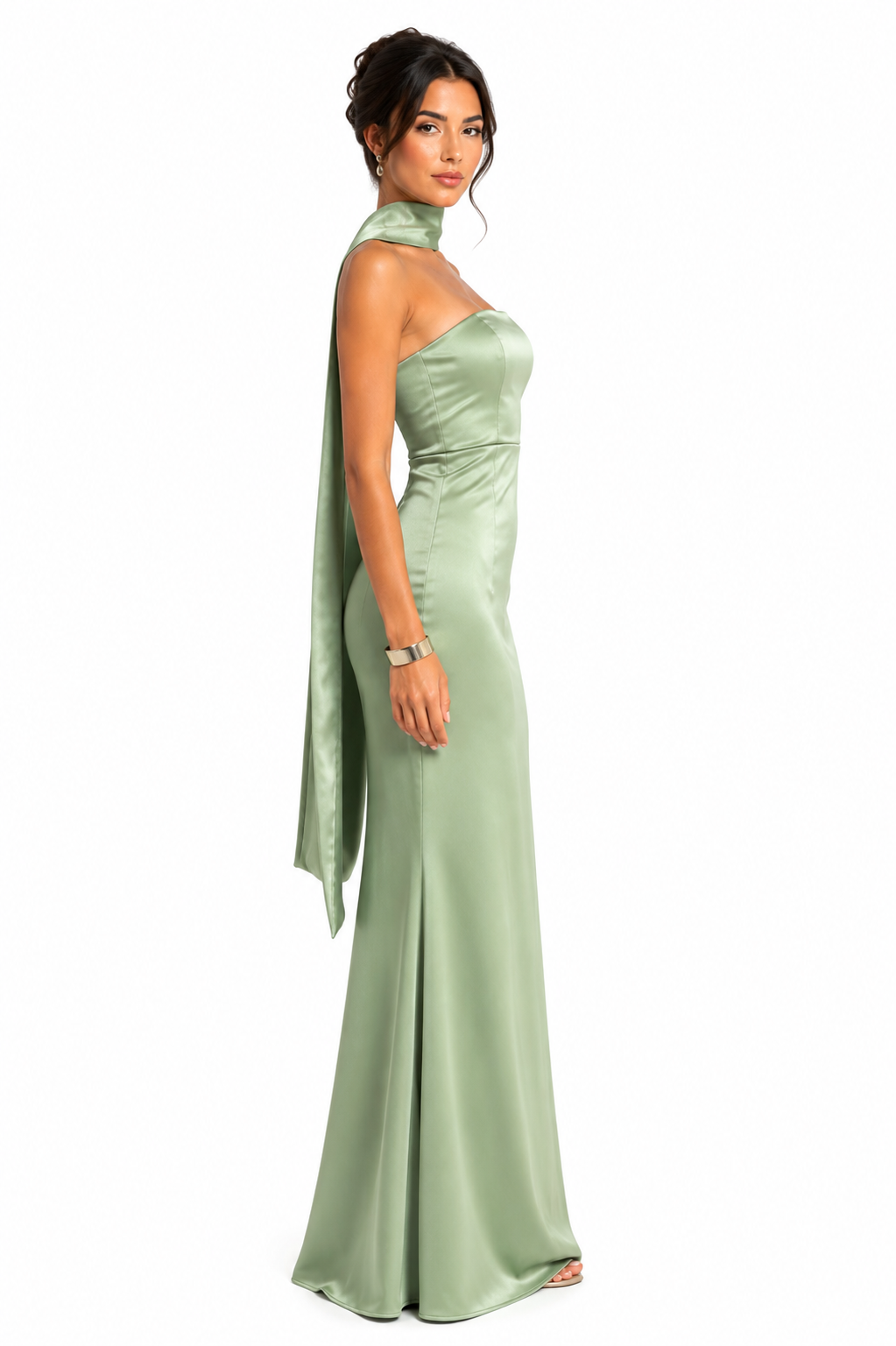 Pink Shop by MAF Vestido largo strapless de satín con bufanda sage, lateral