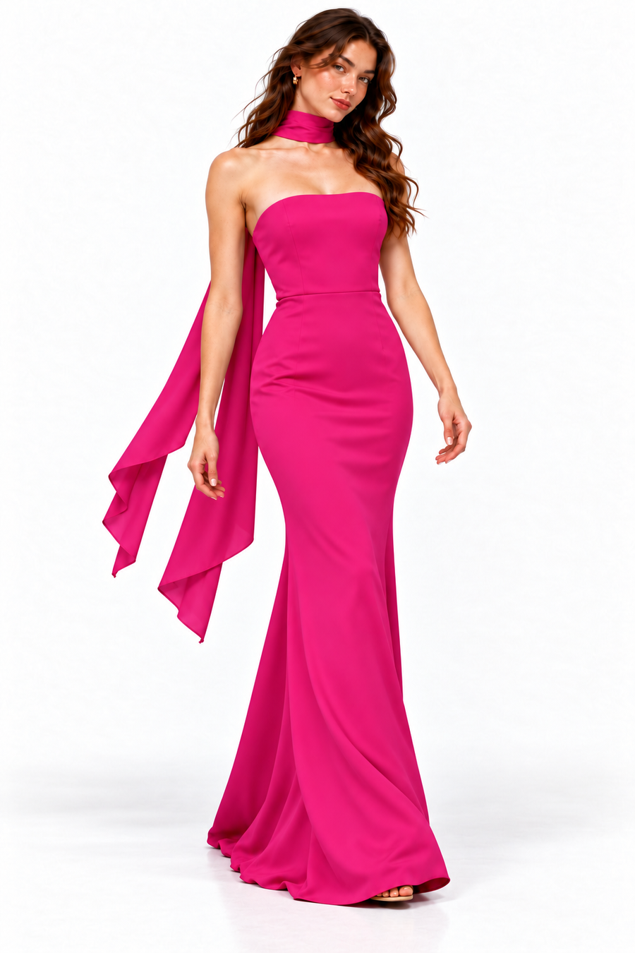 Pink Shop by MAF Vestido largo strapless falda sirena con mascada fucsia, tres cuartos