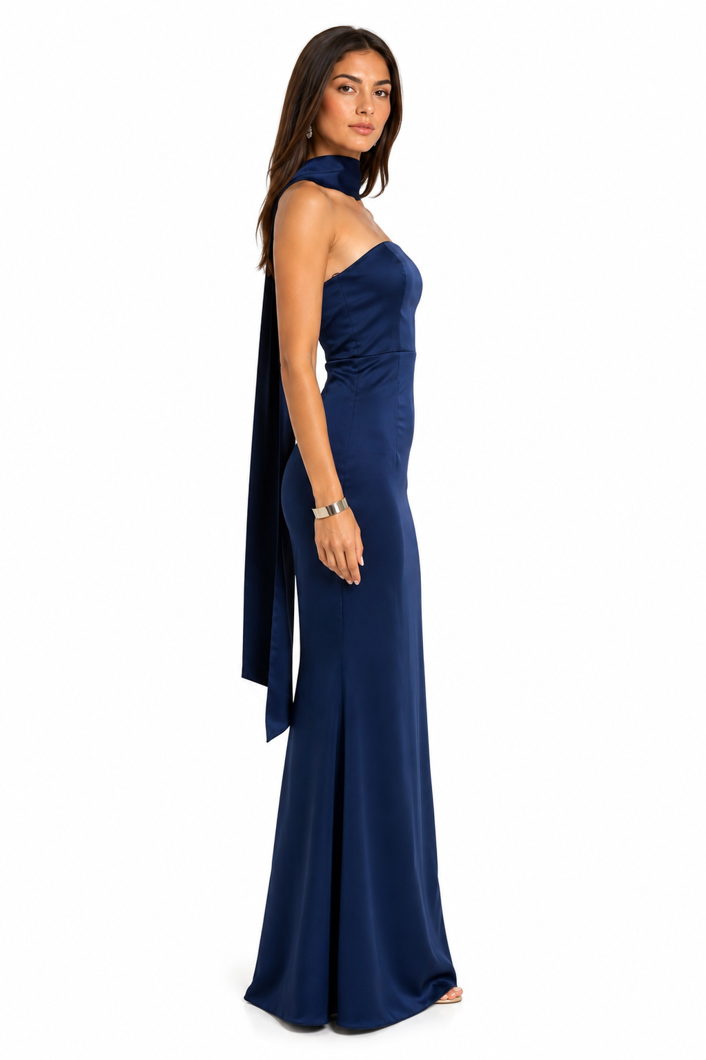 Pink Shop by MAF Vestido largo strapless falda sirena con mascada azul marino, lateral