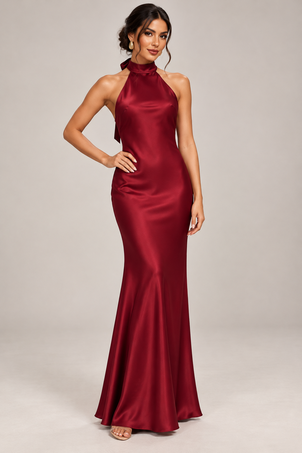 Pink Shop by MAF Vestido largo halter de satín con moño en la espalda vino, portada