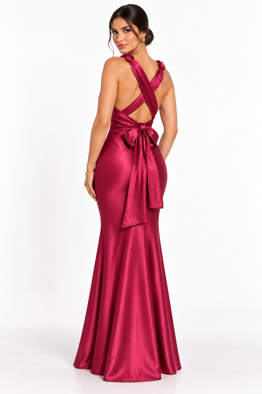 Pink Shop by MAF Vestido largo multiformas sirena de satín vino, espalda