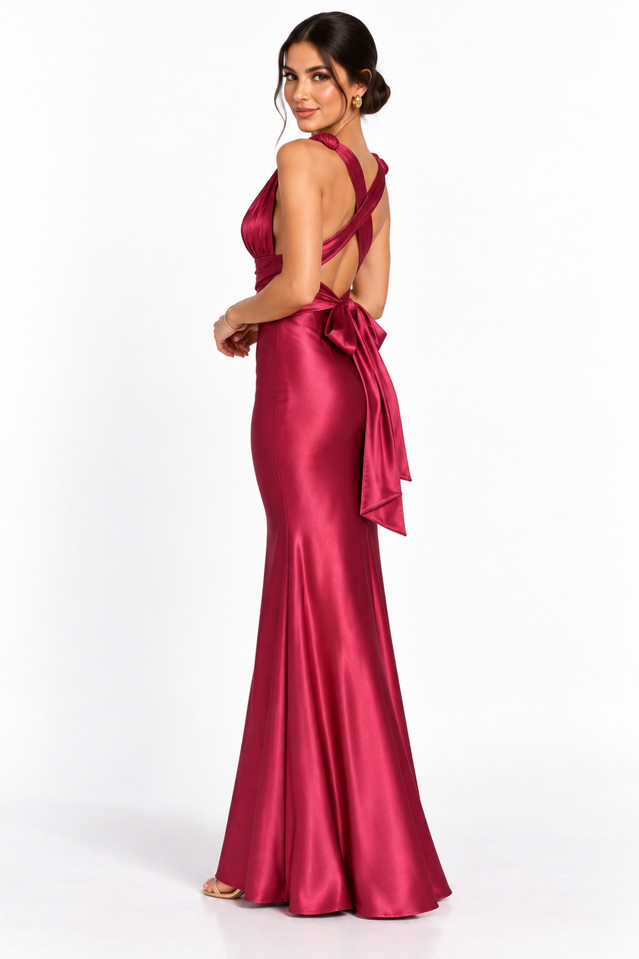 Pink Shop by MAF Vestido largo multiformas sirena de satín vino, tres cuartos