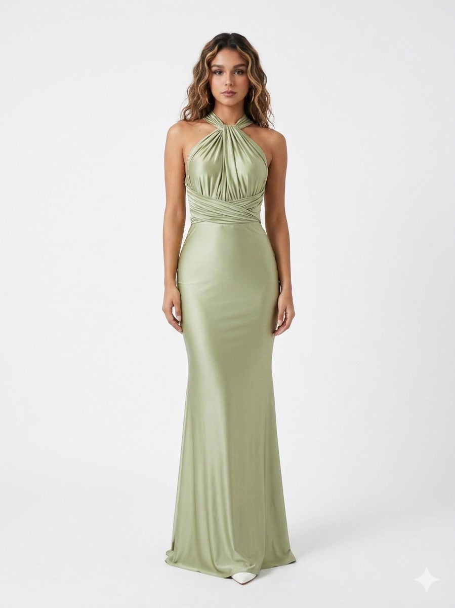 Vestido multiformas corte sirena verde sage — frente