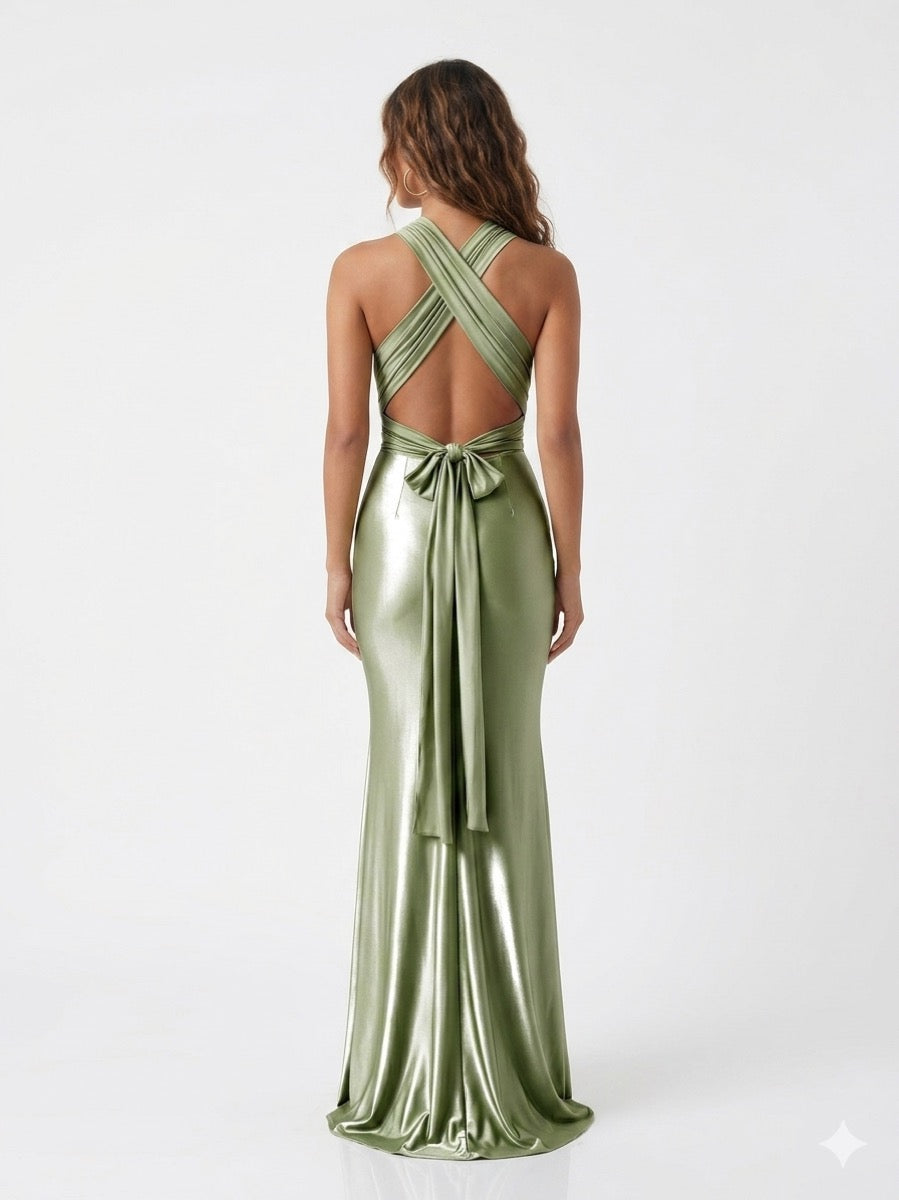 Vestido multiformas corte sirena verde sage — espalda con amarre