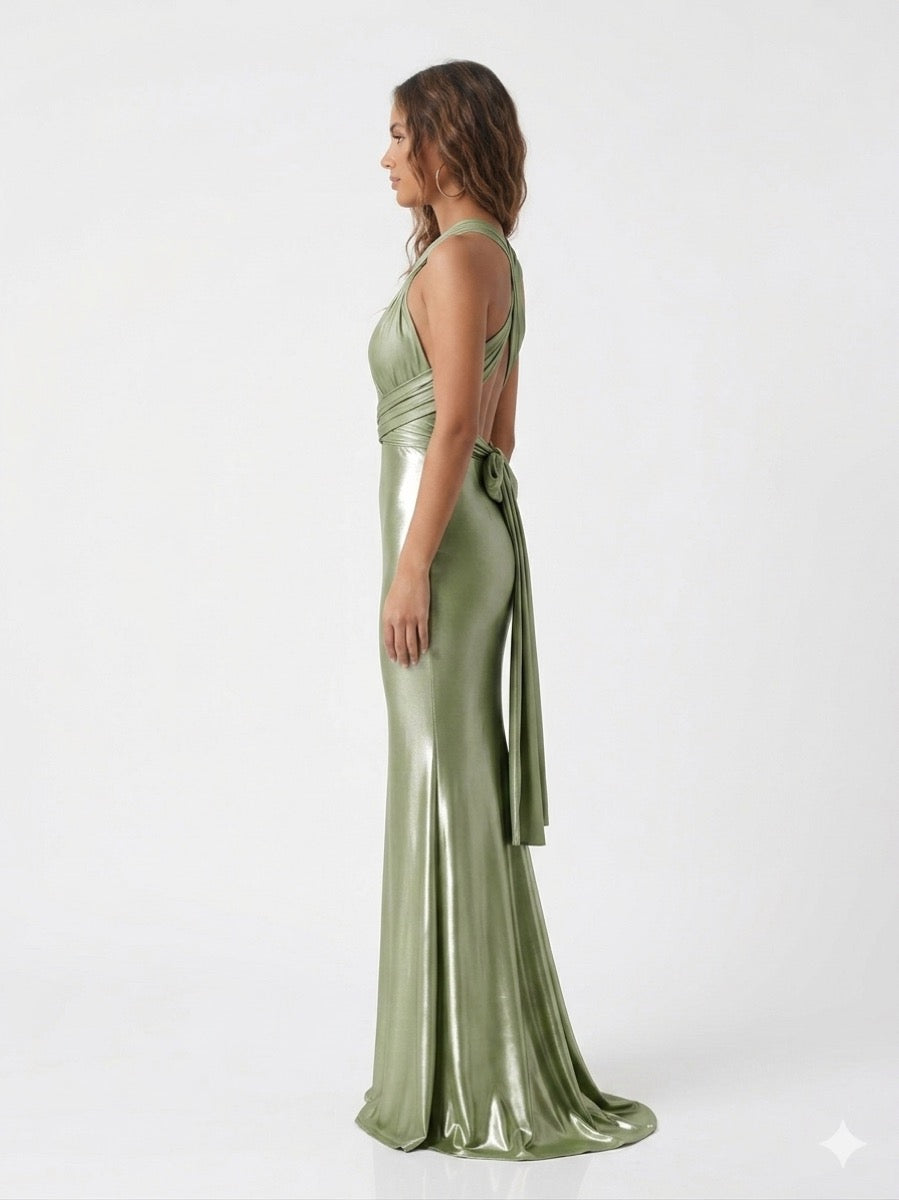 Vestido multiformas corte sirena verde sage — lado