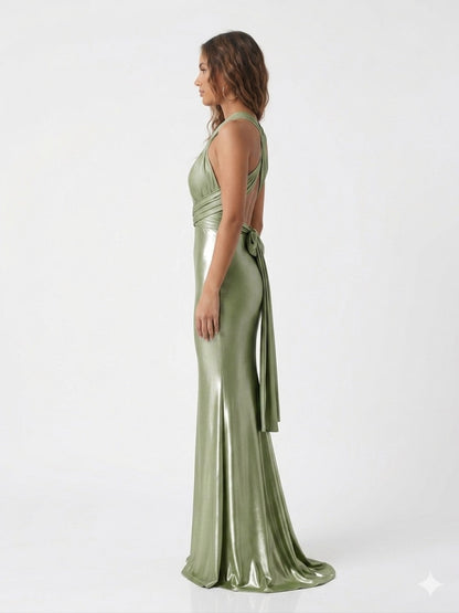 Vestido multiformas corte sirena verde sage — lado