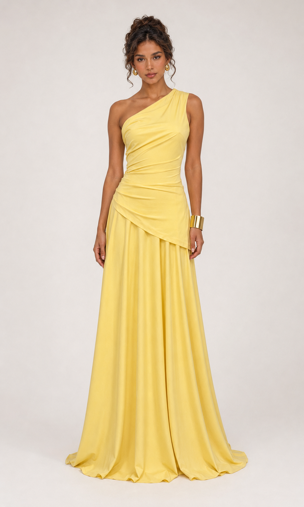 Vestido largo drapeado un hombro Amarillo - 01