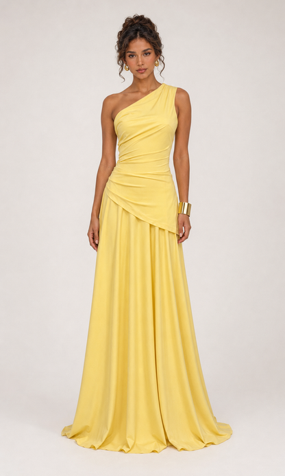 Vestido largo drapeado un hombro Amarillo - 01