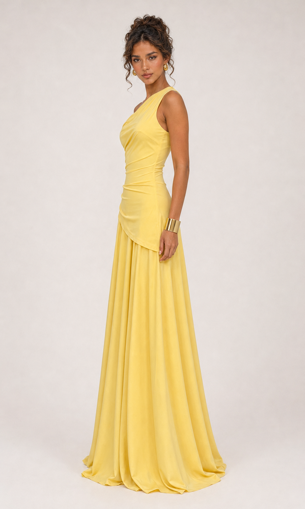 Vestido largo drapeado un hombro Amarillo - 02