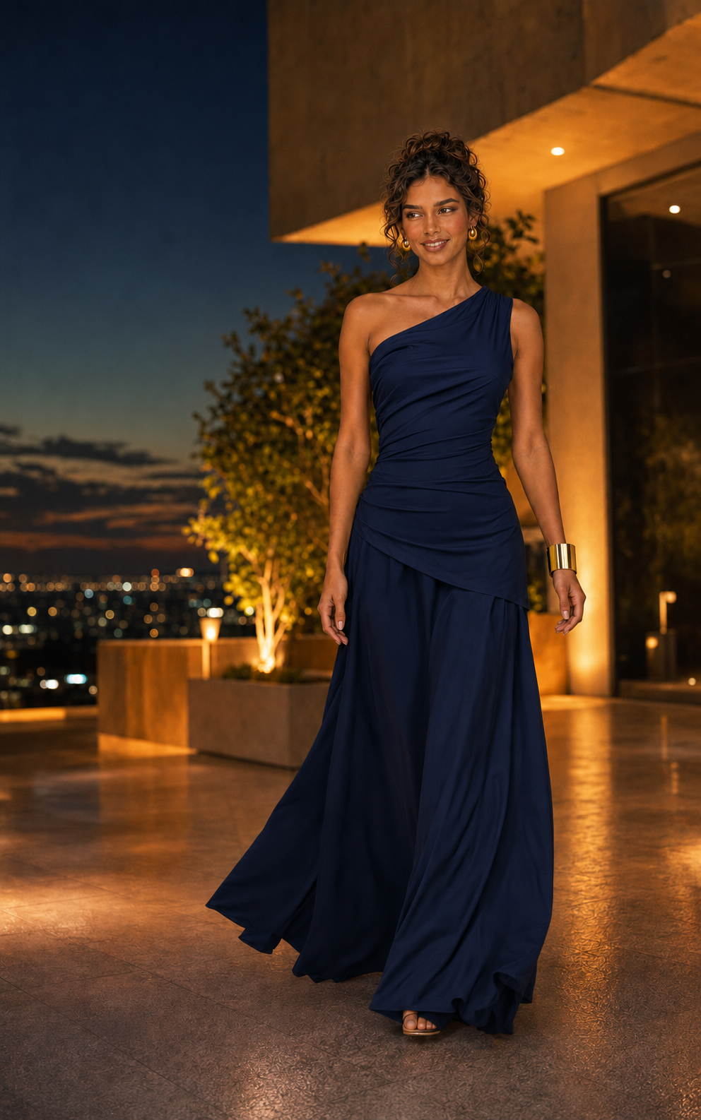 Vestido largo drapeado un hombro marino