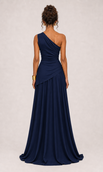 Vestido largo drapeado un hombro marino