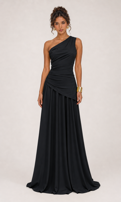 Vestido largo drapeado un hombro Negro - 01