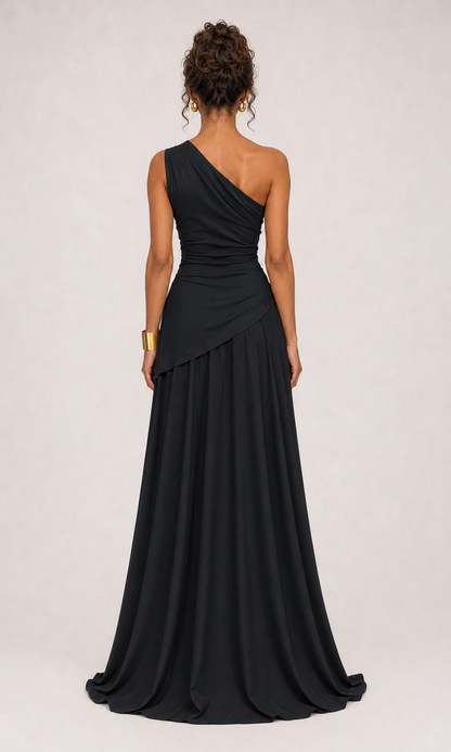 Vestido largo drapeado un hombro Negro - 03