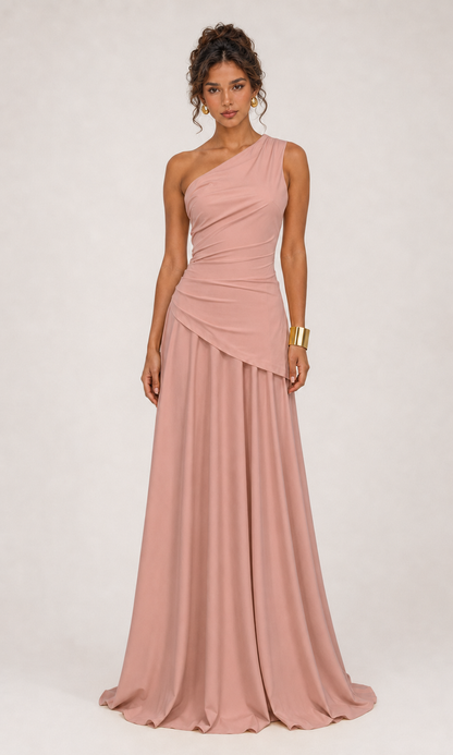 Vestido largo drapeado un hombro Rosa Palo - 01