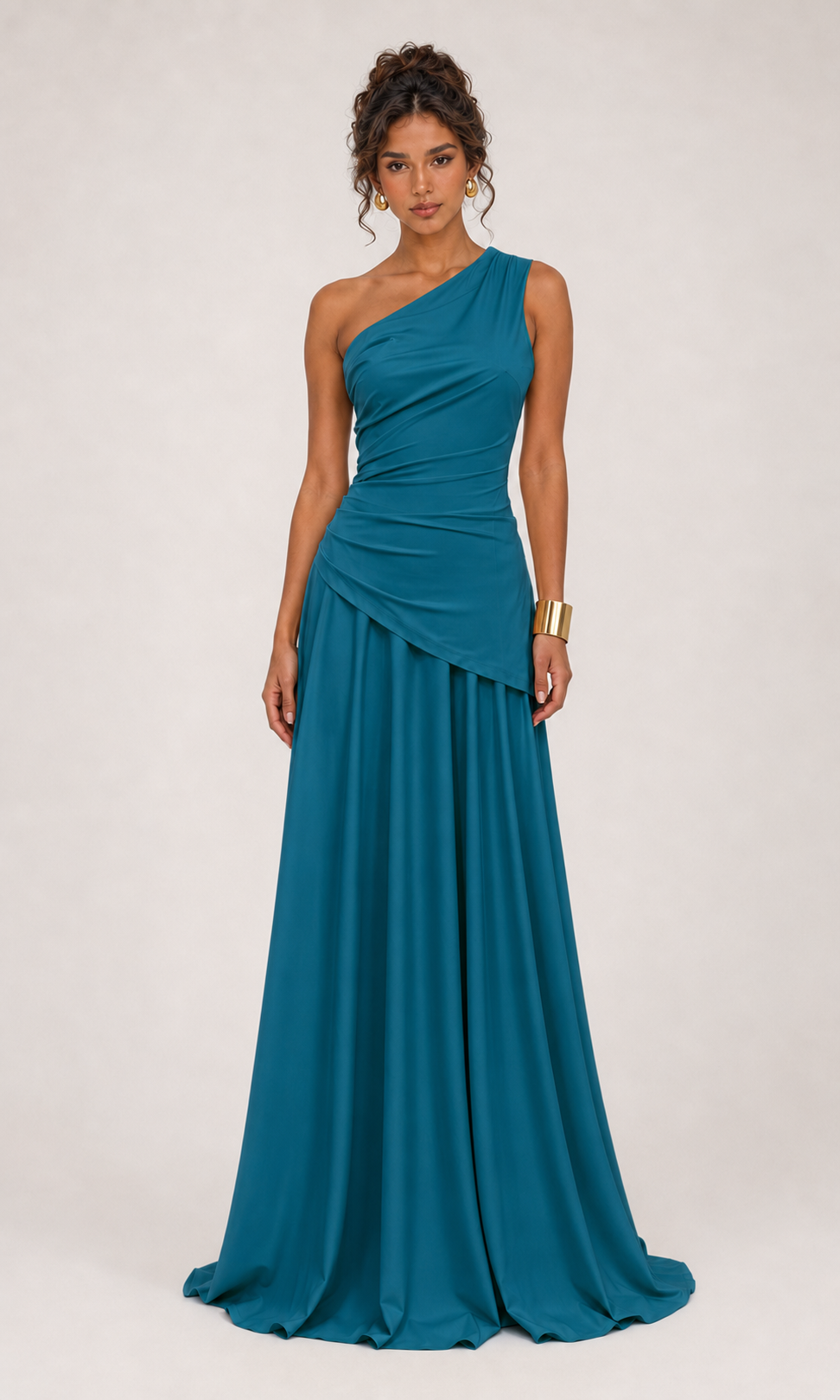 Vestido largo drapeado un hombro Teal Petróleo - 01