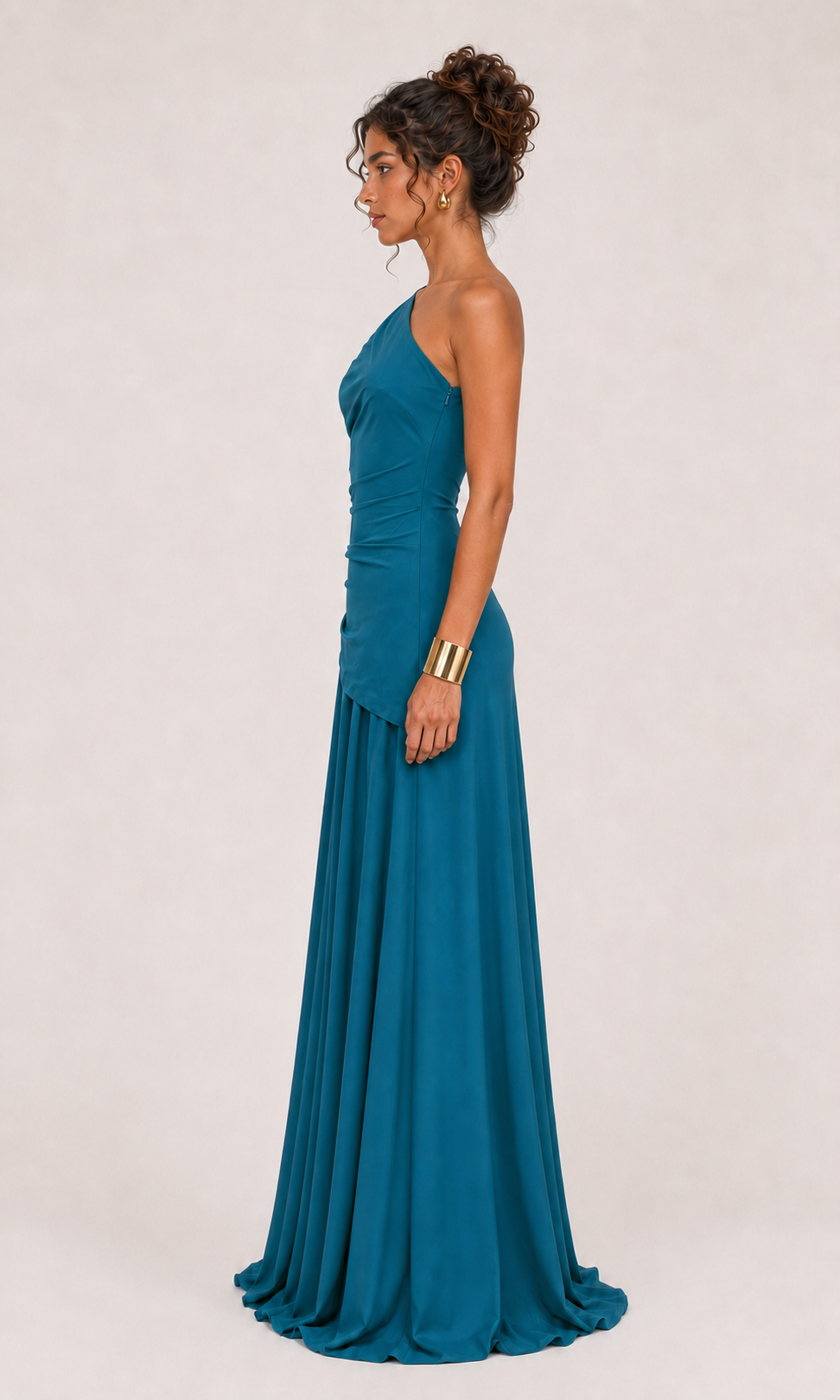 Vestido largo drapeado un hombro Teal Petróleo - 02