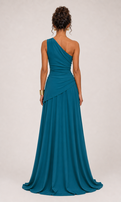 Vestido largo drapeado un hombro Teal Petróleo - 03