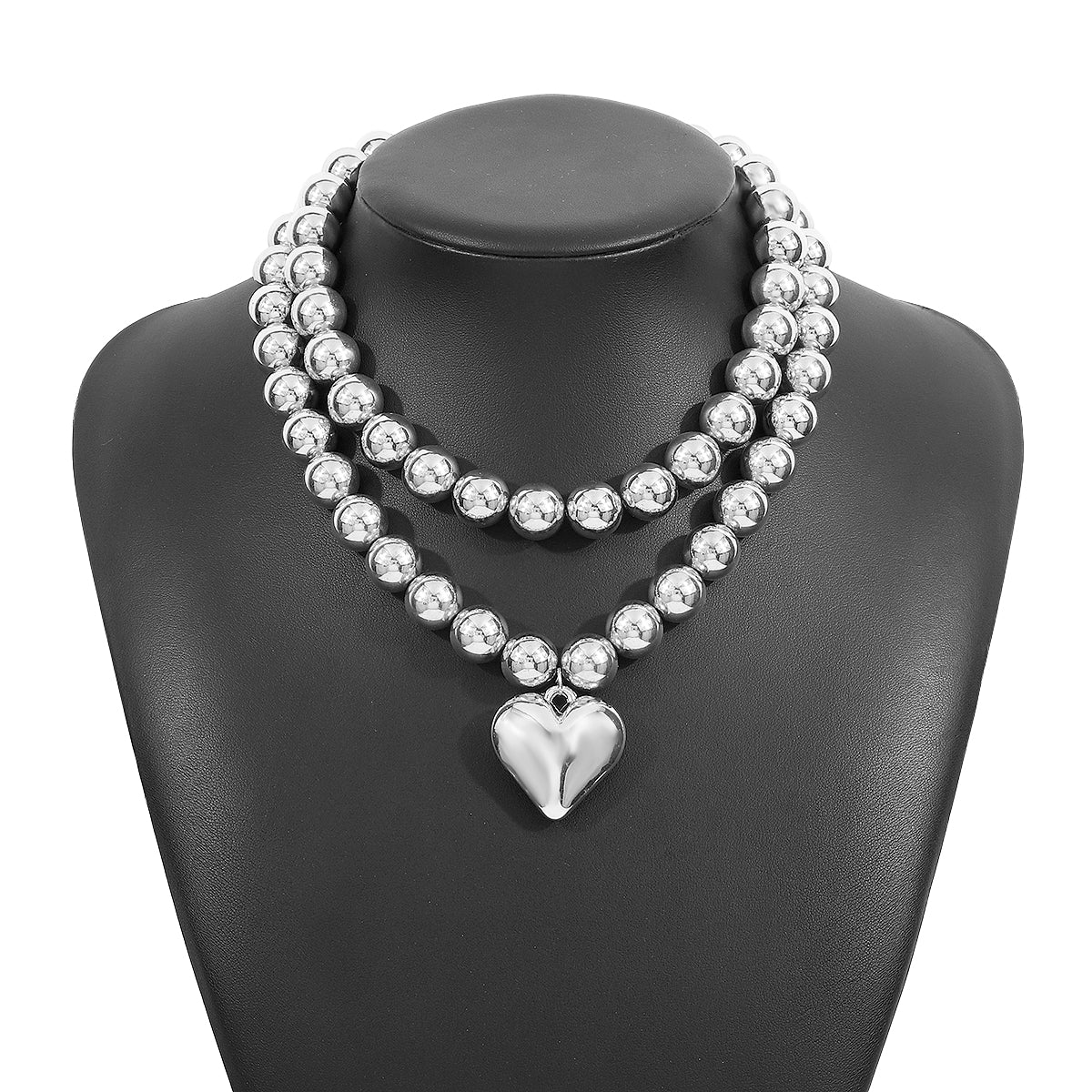 Collar Doble Esferas con Corazón Plateado