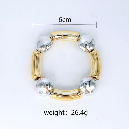 Pulsera Elástica Tubos Dorados y Esferas Plateadas