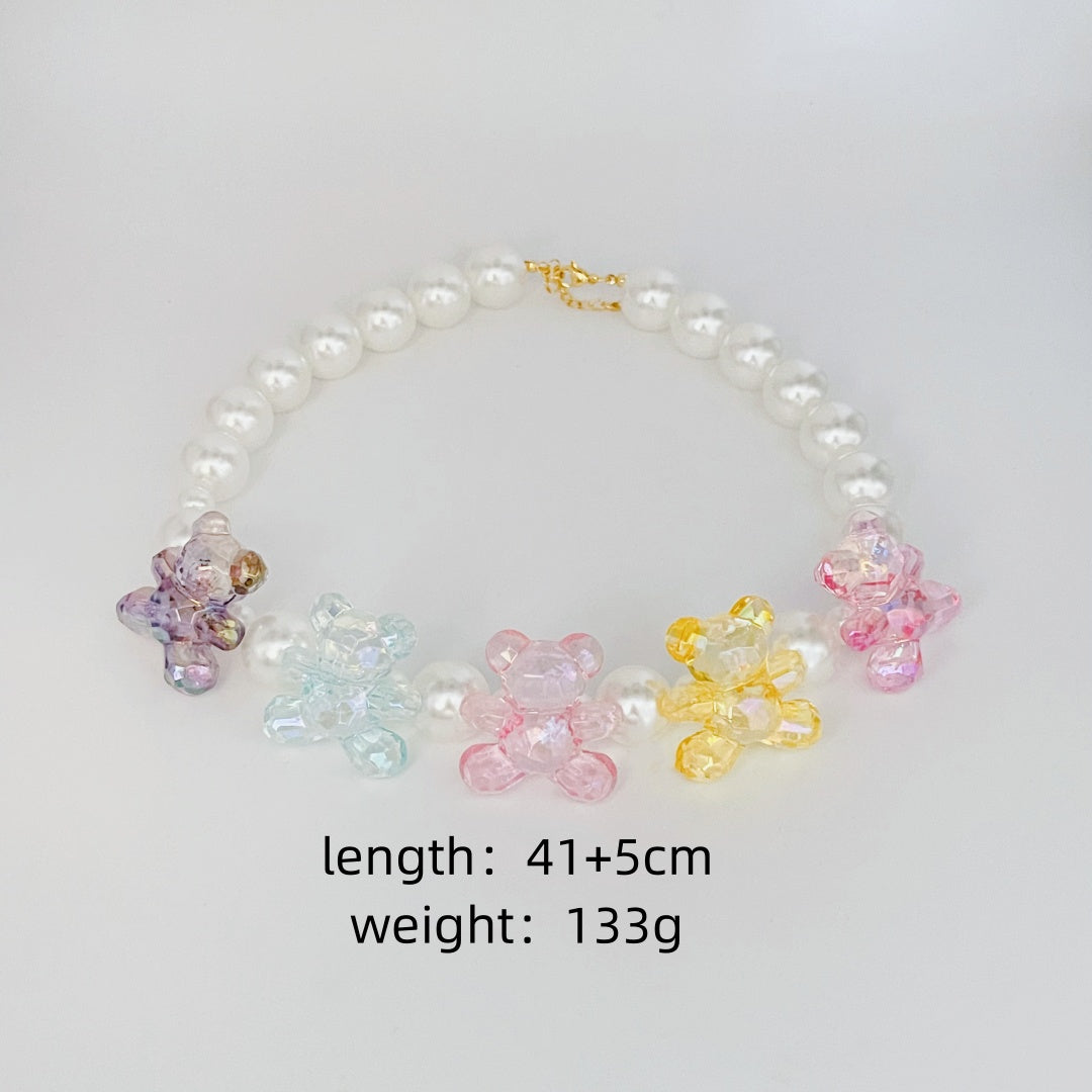 Collar de Perlas con Ositos de Cristal Multicolor