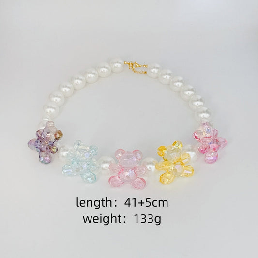 Collar de Perlas con Ositos de Cristal Multicolor