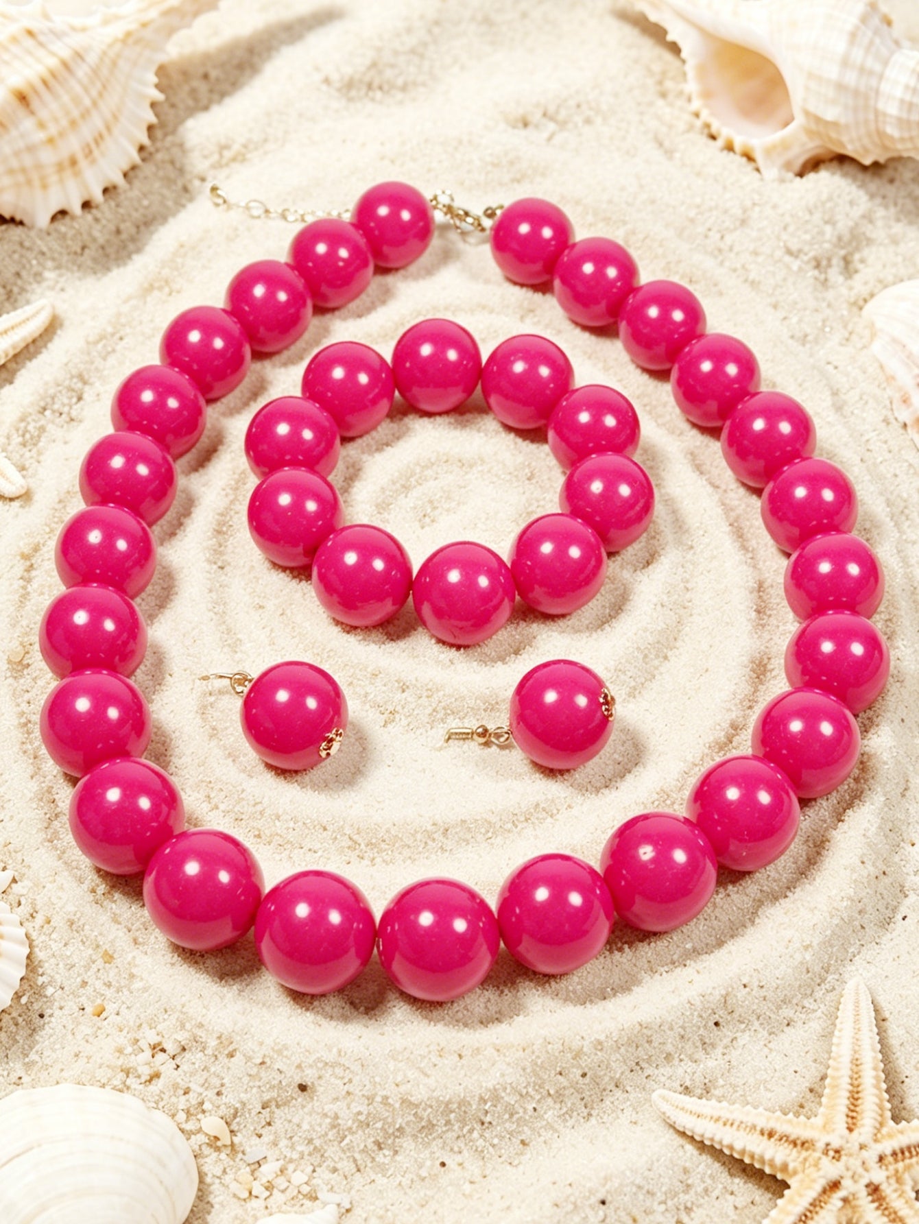 Set Perlas Rosa Fucsia Collar Pulsera y Aretes