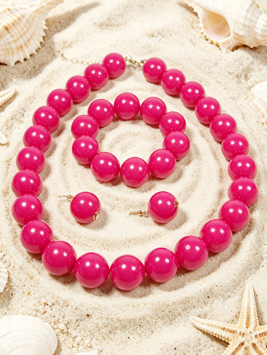 Set Perlas Rosa Fucsia Collar Pulsera y Aretes