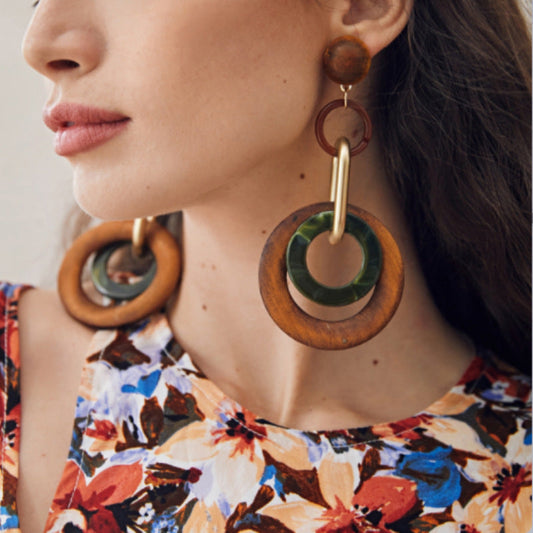 Aretes Aros de Madera y Resina Verde