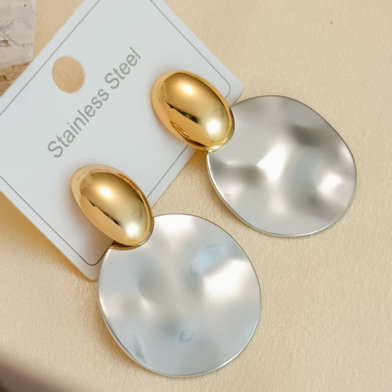Aretes Disco Bicolor Oro y Plata