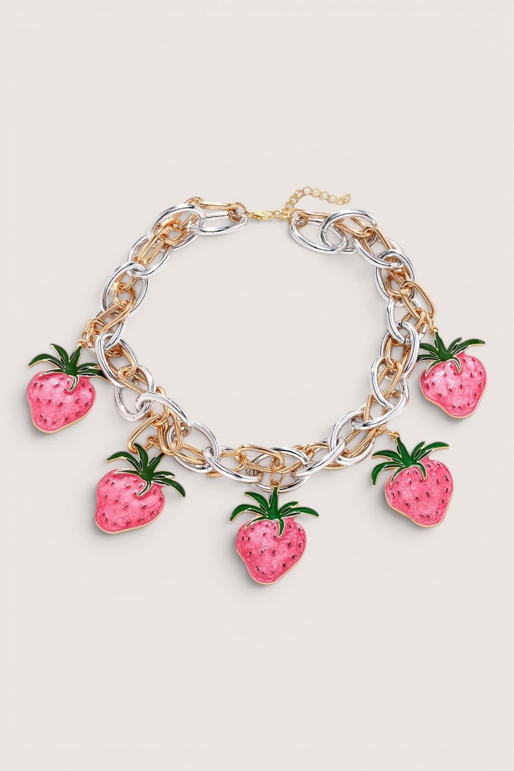 Pulsera Cadena Mixta Fresas de Esmalte Rosa