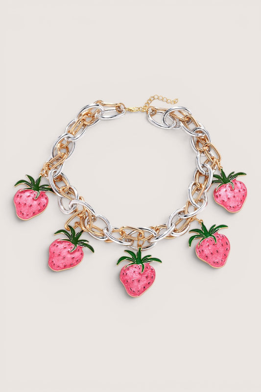 Pulsera Cadena Mixta Fresas de Esmalte Rosa