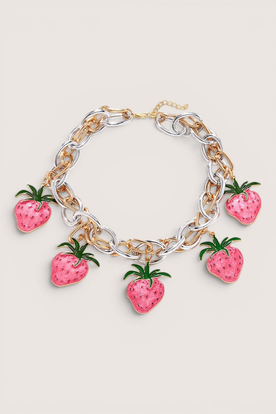 Pulsera Cadena Mixta Fresas de Esmalte Rosa