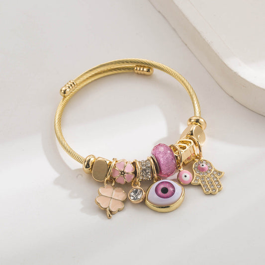 Brazalete Charms Ojo Turco y Hamsa Rosa