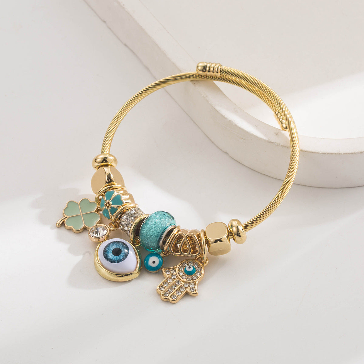 Brazalete Charms Ojo Turco y Hamsa Turquesa