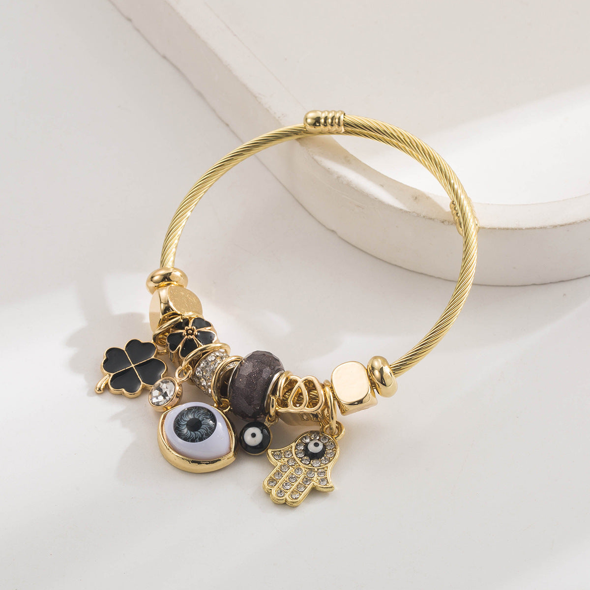 Brazalete Charms Ojo Turco y Hamsa Negro