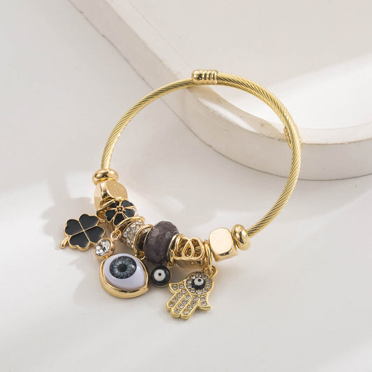 Brazalete Charms Ojo Turco y Hamsa Negro