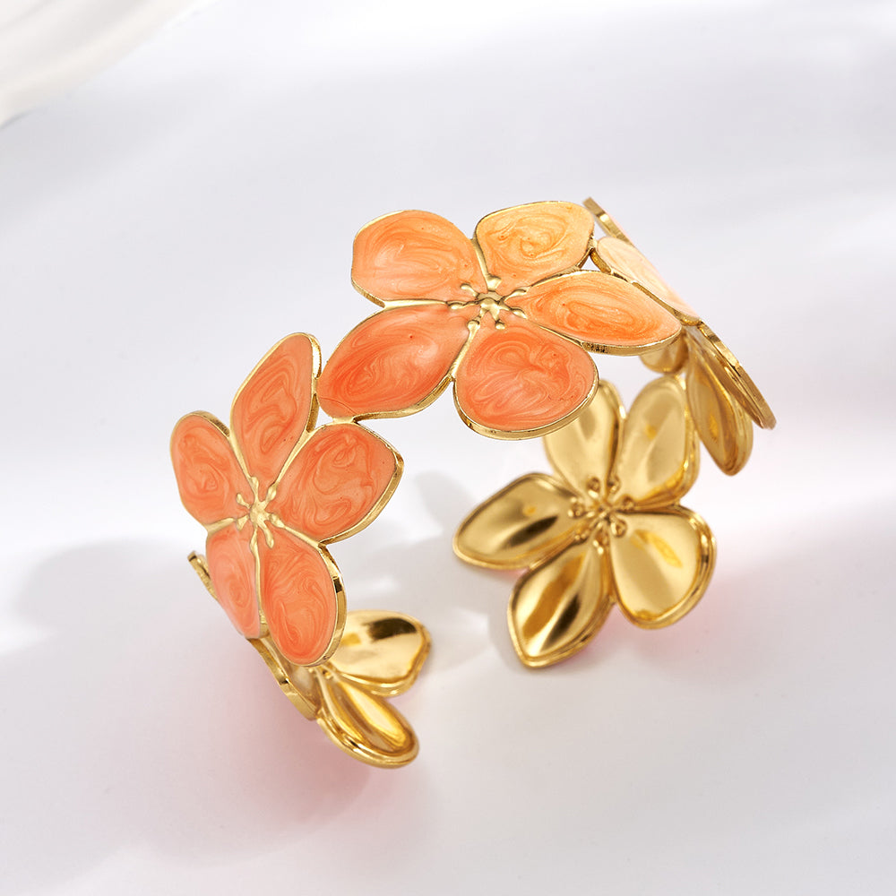 Brazalete Flores Esmaltadas Coral y Dorado