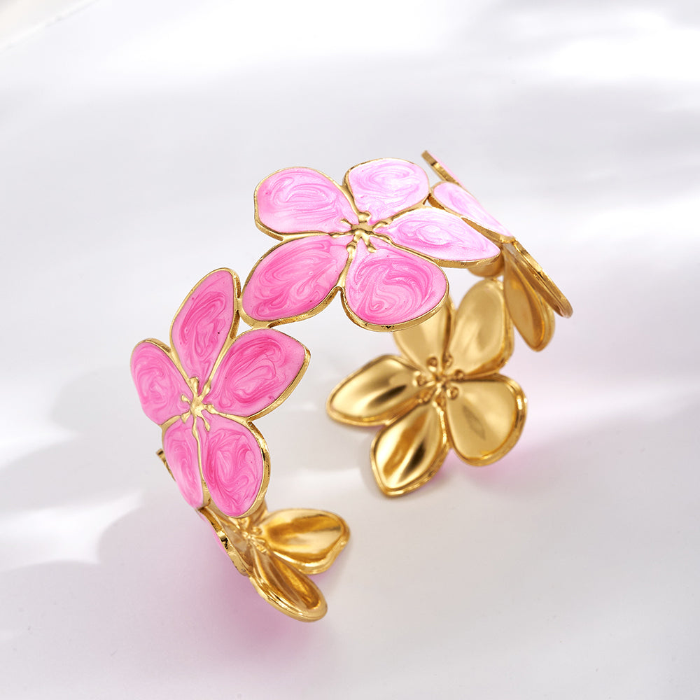 Brazalete Flores Esmaltadas Rosa y Dorado