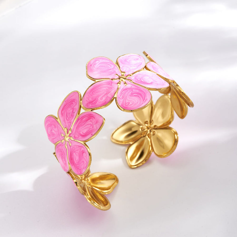 Brazalete Flores Esmaltadas Rosa y Dorado