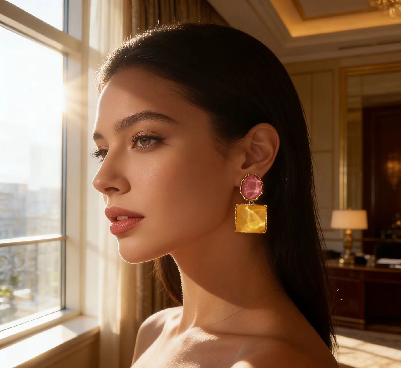 Aretes Geométricos Resina Rosa y Amarillo