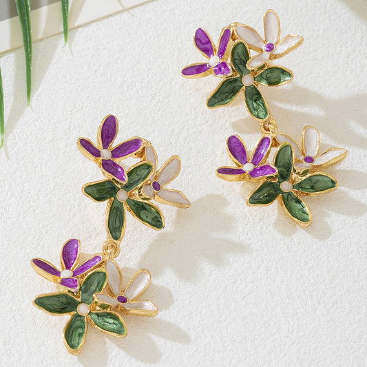 Aretes Flor Esmaltada Verde Morado y Blanco